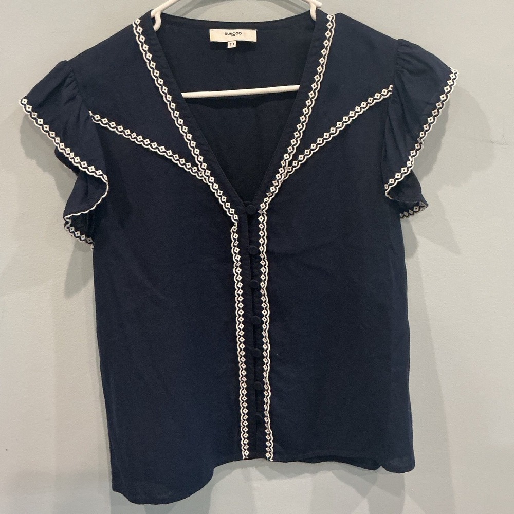 Suncoo Womens Linen Blouse T1 S Navy Blue Flutter Sleeve Lana Top French Girl